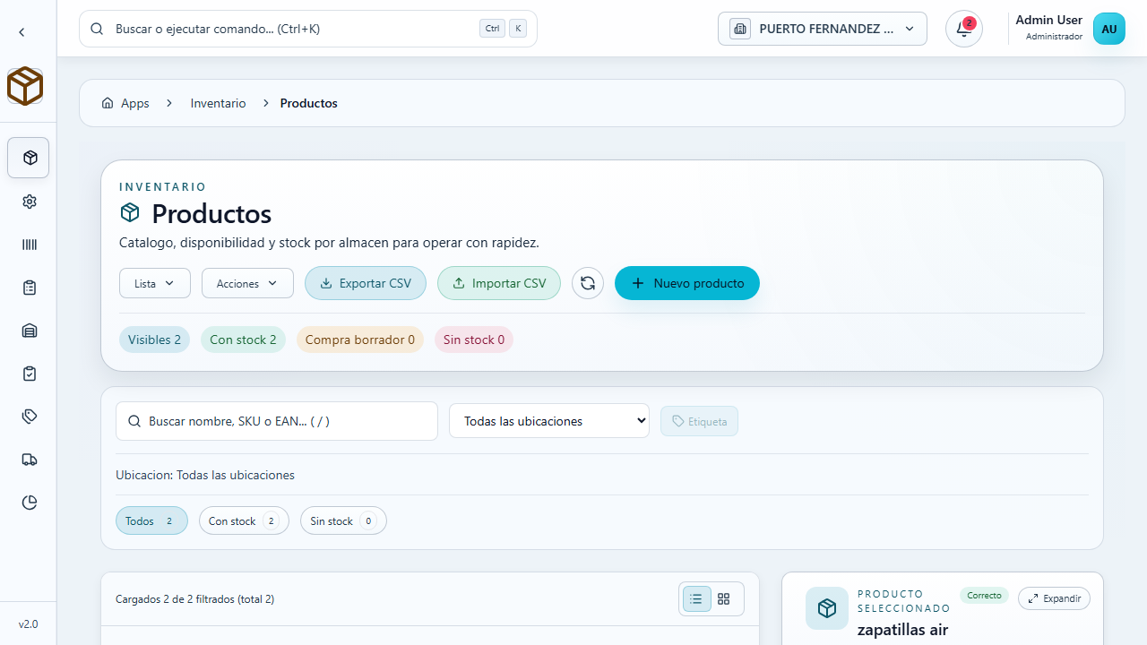 Interfaz de KAUZE ERP en el módulo de Inventario, con catálogo, disponibilidad y stock por almacén.
